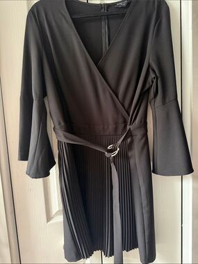 Bebe Black Pleated Wrap Midi Dress (shorts) with Ring-Tie Waist